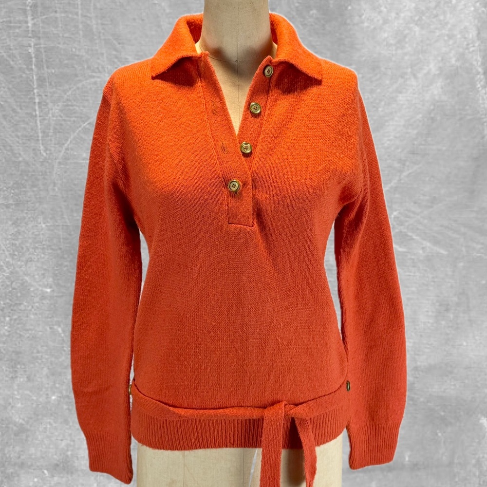 VINTAGE 60s rust orange‎ knit sweater womens Henley button collar belt tie waist